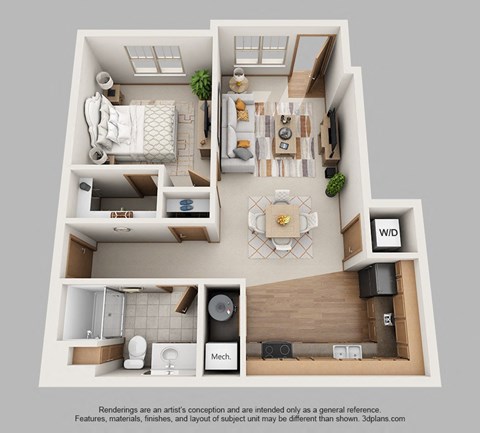 Floor plan for 1 bed, 1 bath, 706 sqft